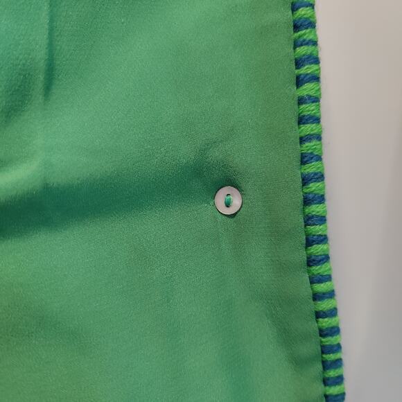 Vintage Women's Green Tweed Plaid Blazer Jacket Brass Buttons Collarless - Picture 8 of 9